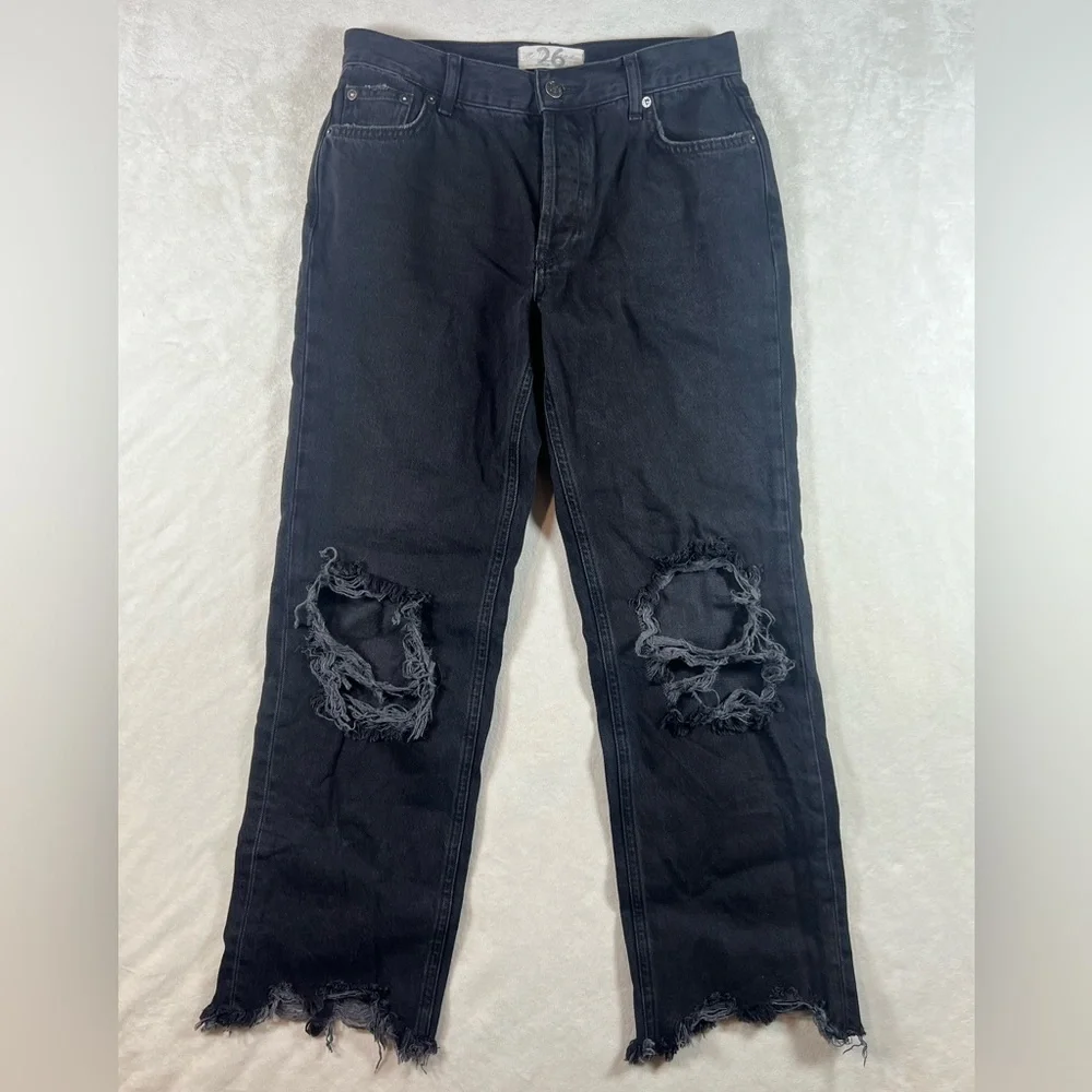 We the Free Size 26 Free People Black Distressed Straight Leg Denim Jeans EUC